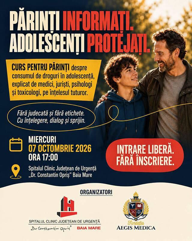 Afișul cursului „Părinți informați. Adolescenți protejați”, 7 octombrie 2026, Baia Mare